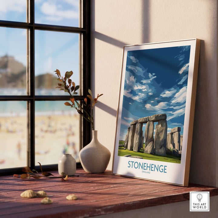 Stonehenge poster displayed in a modern home interior with a scenic view, showcasing England's iconic monument.