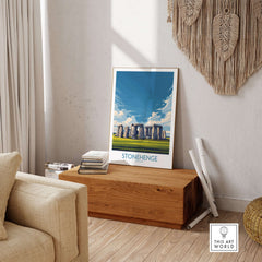 Stonehenge Poster - England Travel Print - Prehistoric Landmark Wall Art displayed in a stylish living room setting.