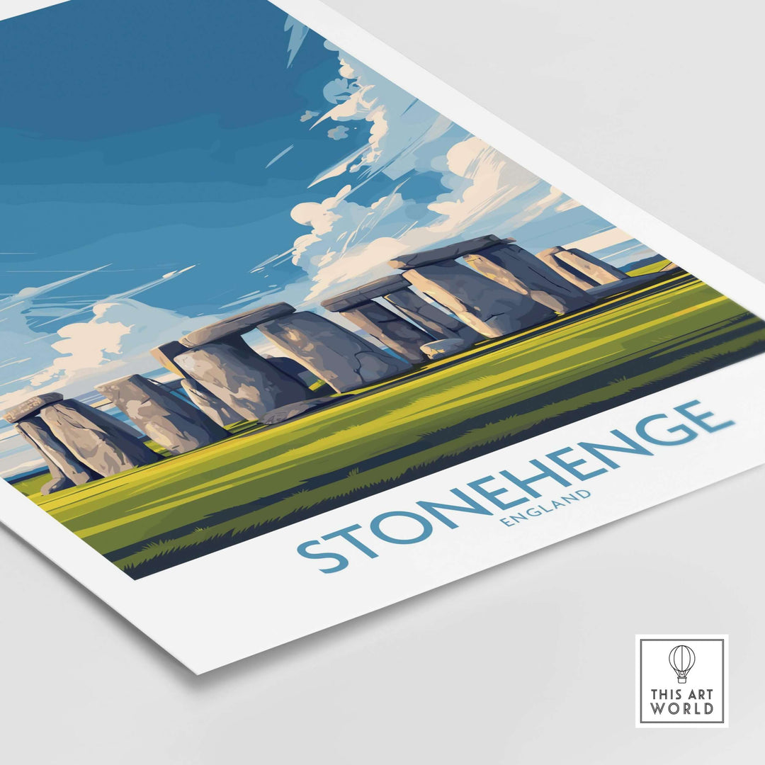 Stonehenge poster print featuring the iconic prehistoric landmark against a blue sky and green landscape.