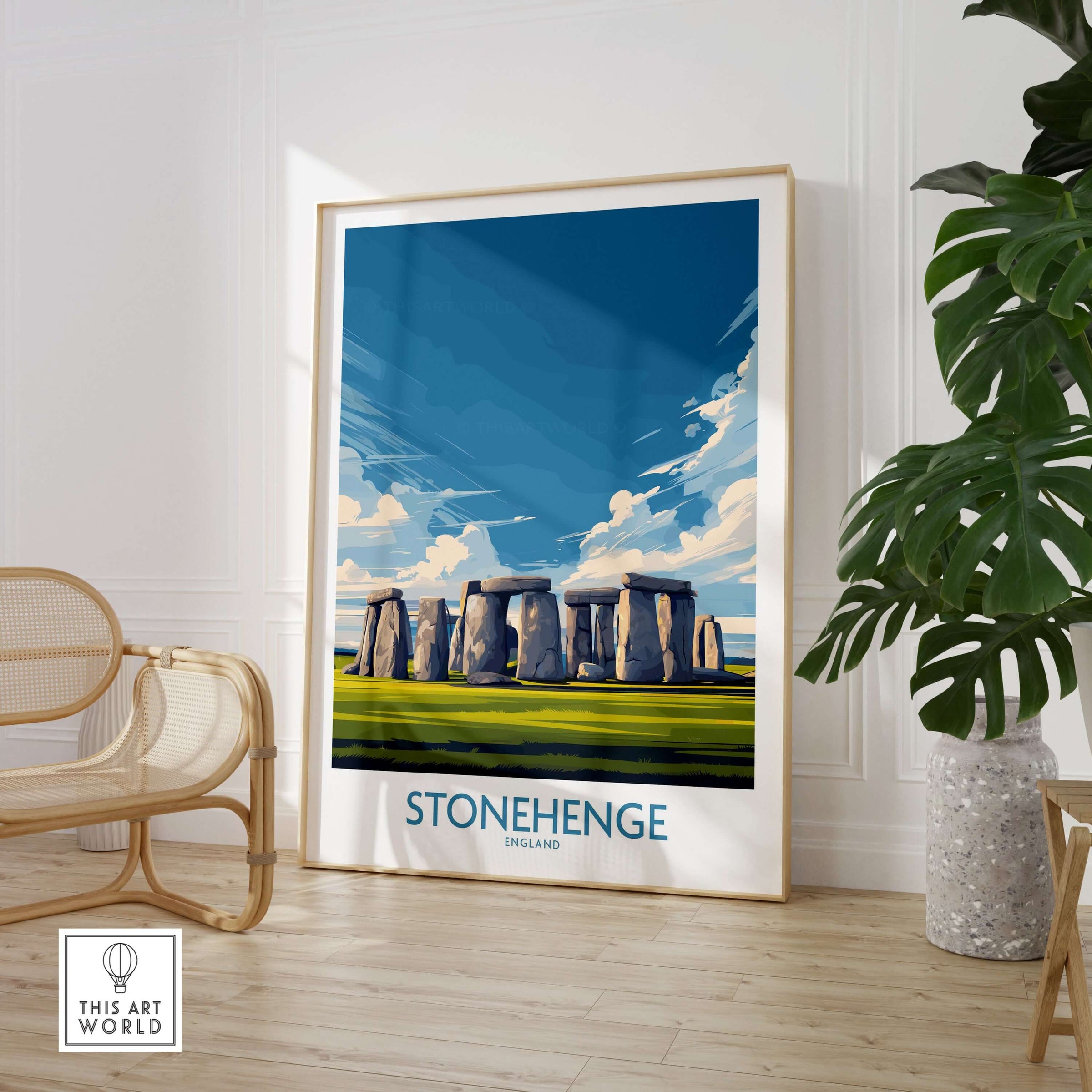 Stonehenge Poster - England Travel Print - Prehistoric Landmark Wall Art displayed in a stylish interior setting.