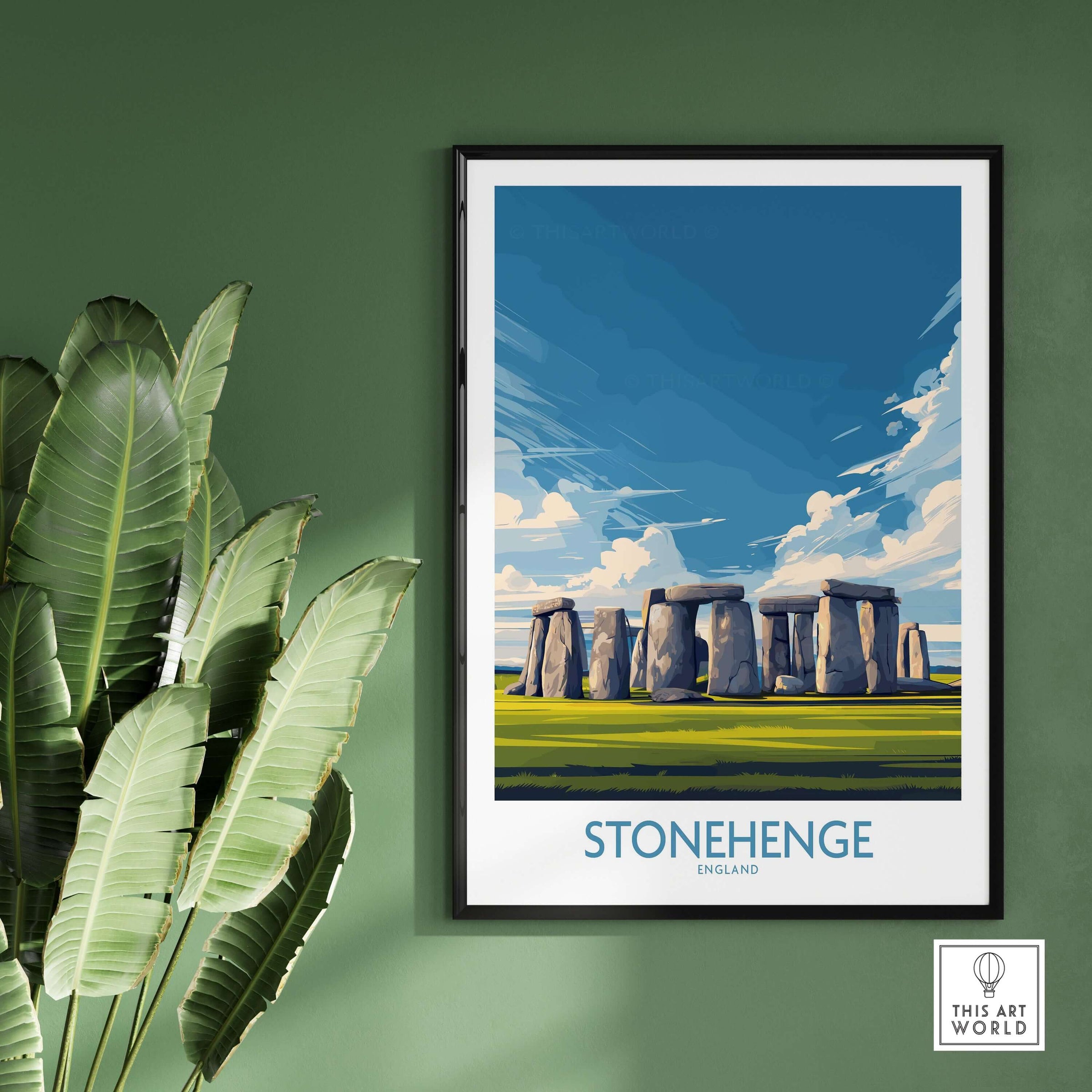 Stonehenge Poster - England Travel Print - Prehistoric Landmark Wall Art displayed on a green wall.
