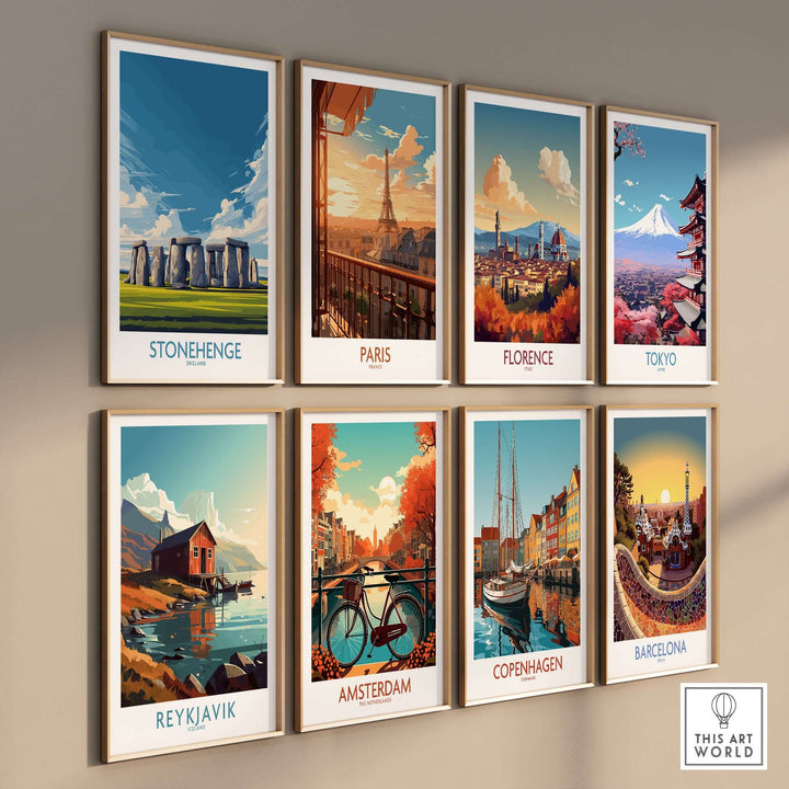 Collection of travel posters featuring Stonehenge, Paris, Florence, Tokyo, Reykjavik, Amsterdam, Copenhagen, and Barcelona.
