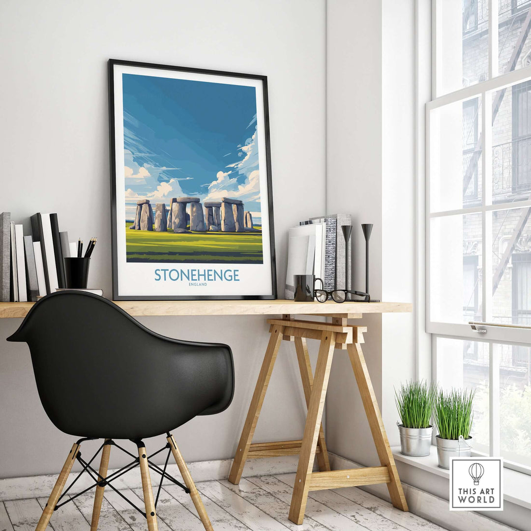 Stonehenge poster in a modern workspace, showcasing the iconic prehistoric landmark in vibrant colors.