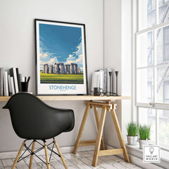 Stonehenge Poster - England Travel Print - Prehistoric Landmark Wall Art displayed in a modern home office setting.