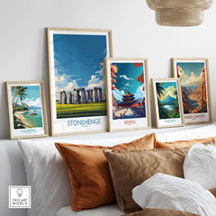 Stonehenge Poster - England Travel Print - Prehistoric Landmark Wall Art displayed in a stylish living room setting.