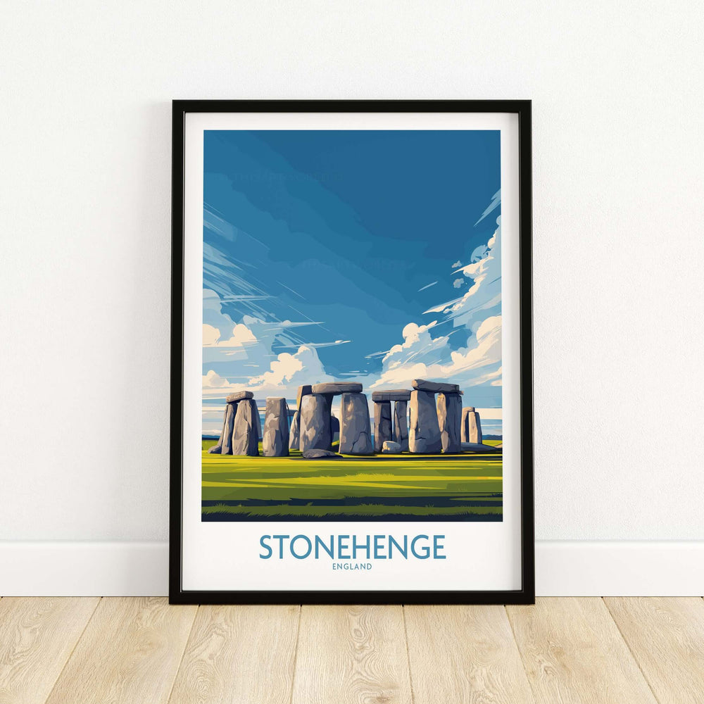 Stonehenge poster featuring a vibrant illustration of the prehistoric landmark in England, perfect wall art for travel lovers.