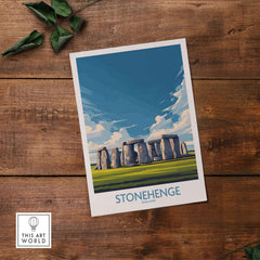 Stonehenge Poster - England Travel Print - Prehistoric Landmark Wall Art on rustic wood background.