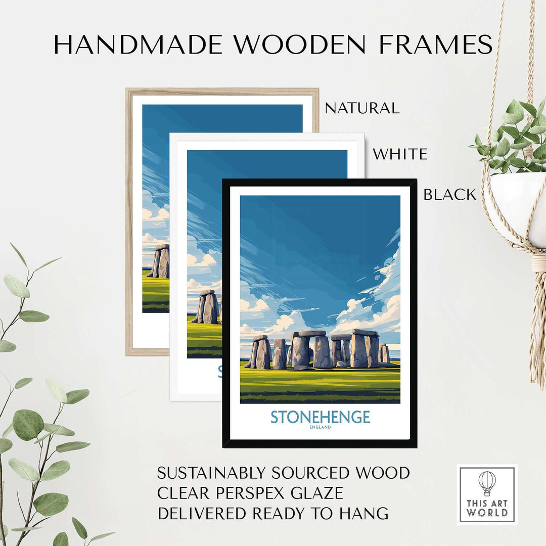 Handmade wooden frames in natural, white, and black for Stonehenge poster, featuring sustainably sourced wood.