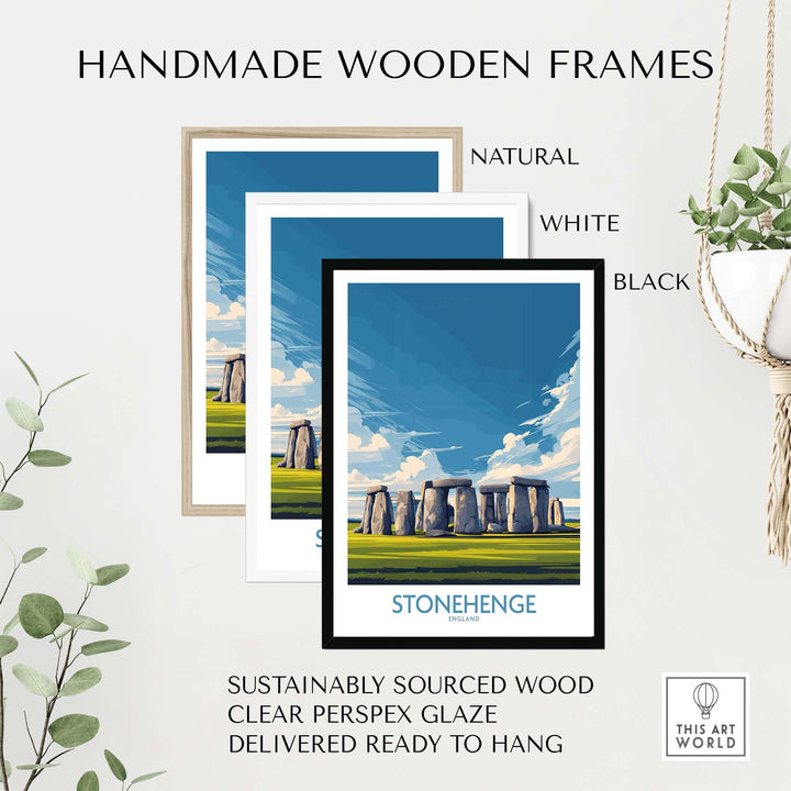 Handmade wooden frames in natural, white, and black for Stonehenge poster, featuring sustainably sourced wood.