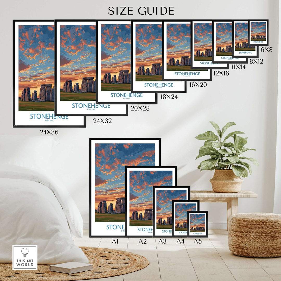 Stonehenge poster size guide showcasing various print sizes against a stylish interior decor backdrop.