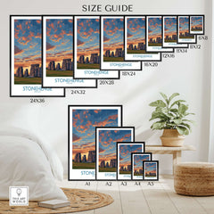 Stonehenge Poster - England Prehistoric Site Art Print - Orange Sky Wall Decor size guide with various frame options.