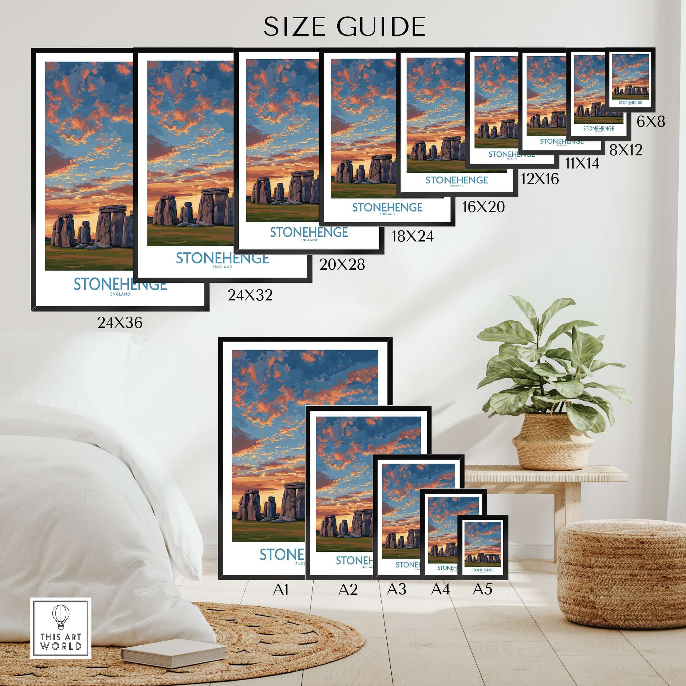 Stonehenge Poster - England Prehistoric Site Art Print - Orange Sky Wall Decor size guide with various frame options.