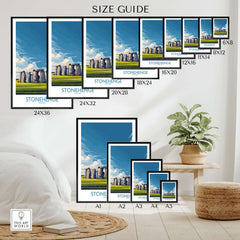 Stonehenge Poster - England Travel Print - Prehistoric Landmark Wall Art size guide with various frame dimensions.