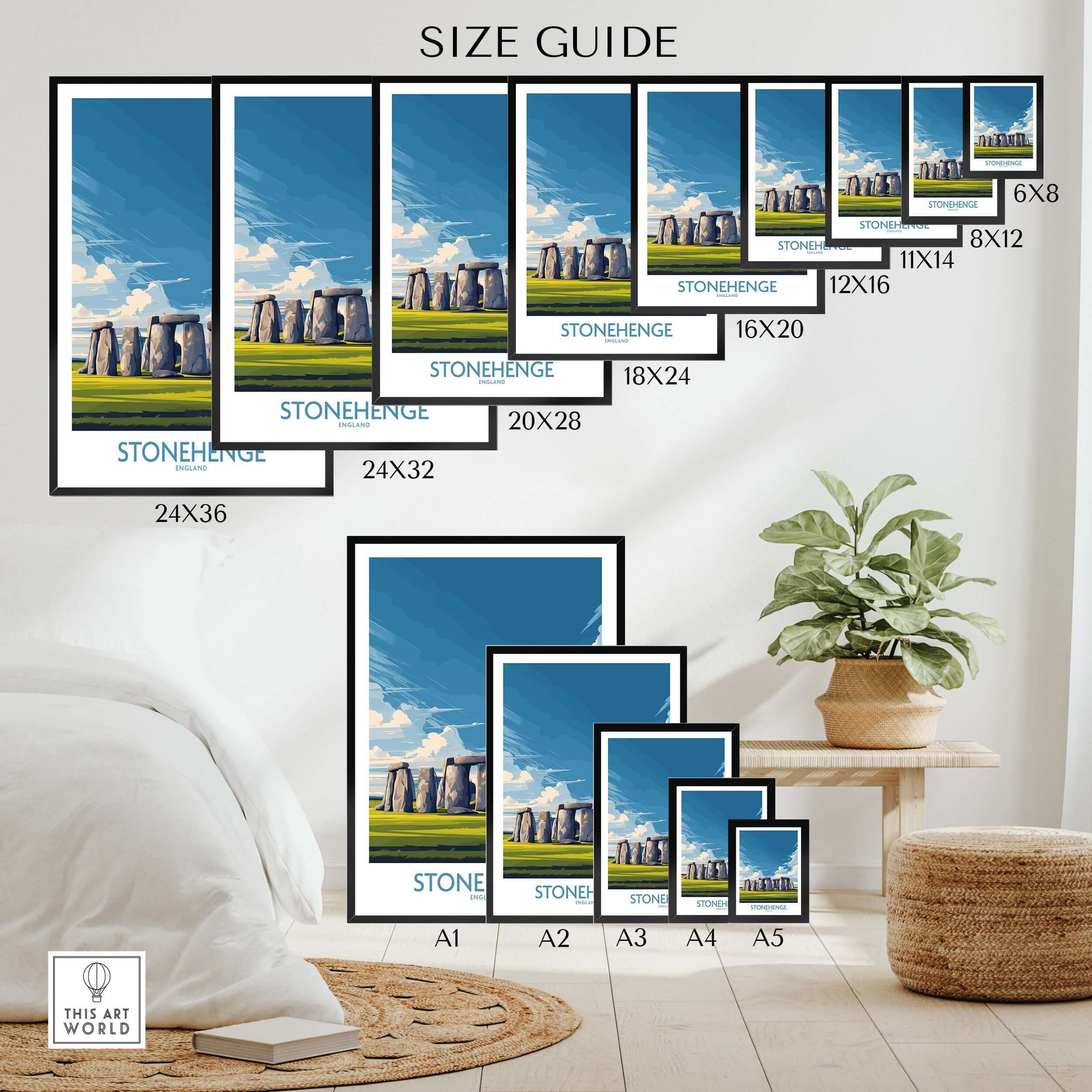 Stonehenge Poster - England Travel Print - Prehistoric Landmark Wall Art size guide with various frame dimensions.