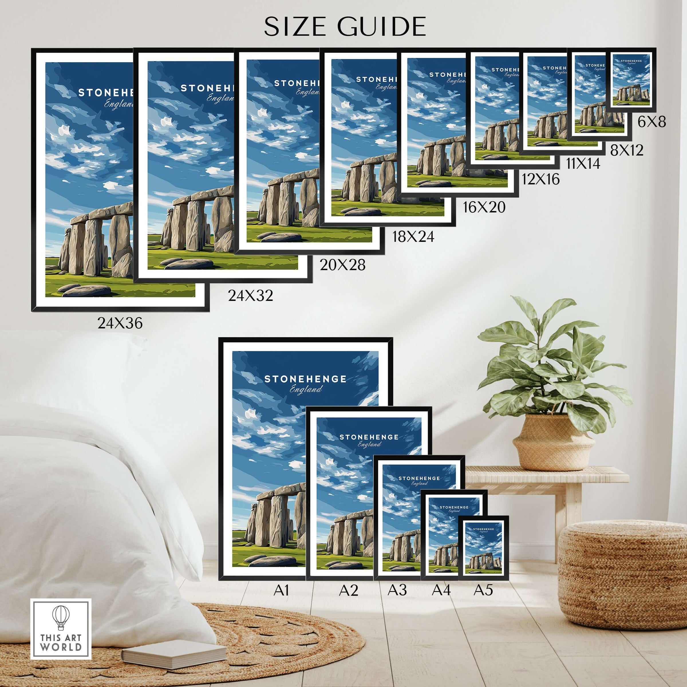 Stonehenge Print - Wiltshire England Wall Art - Historic Monument Poster size guide with various print dimensions displayed.