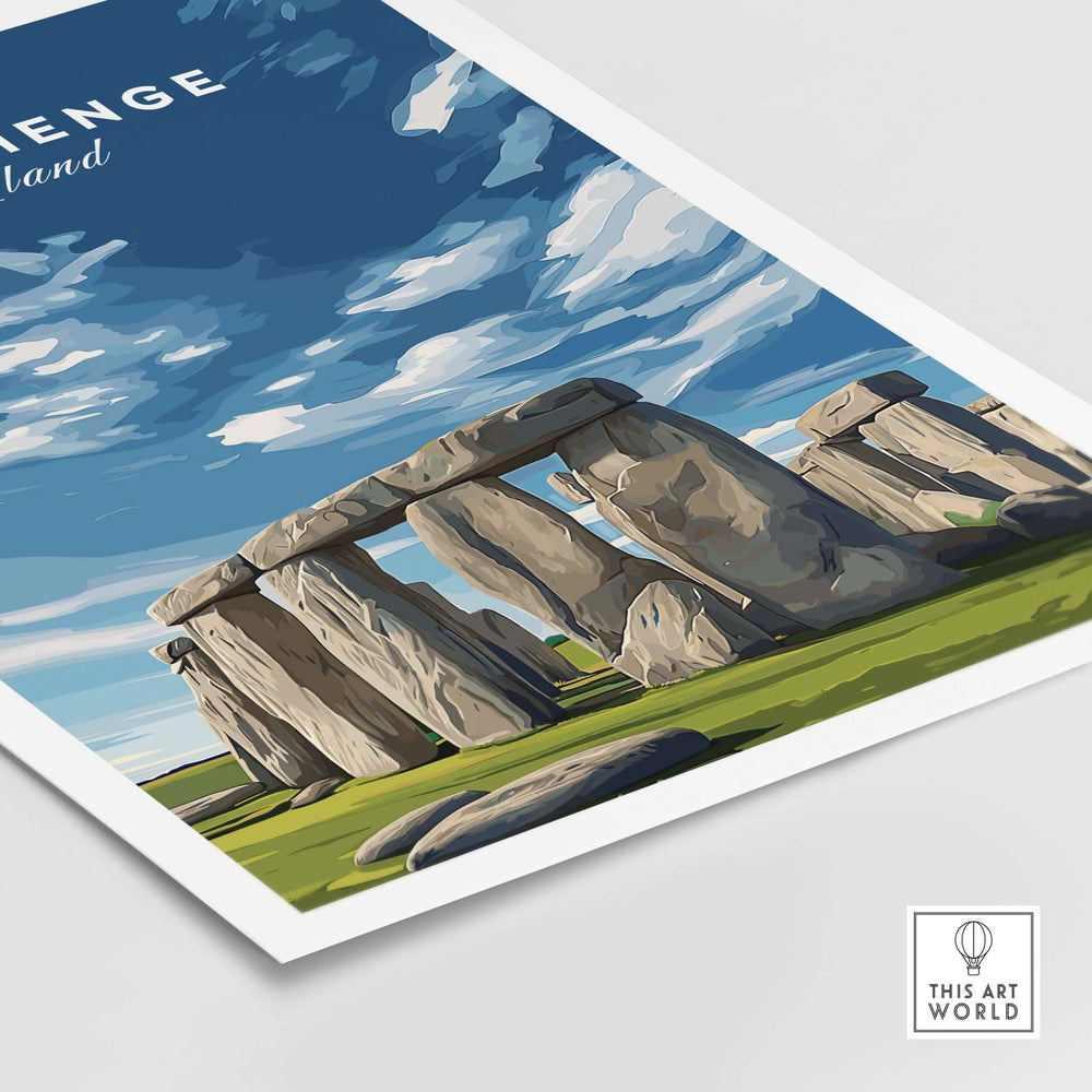 Stonehenge print showcasing the historic monument in Wiltshire England, vibrant wall art for home decor.