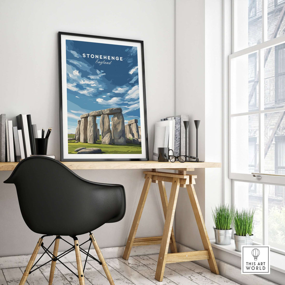 Stonehenge print in a modern interior, showcasing historic monument wall art against a desk and natural decor.