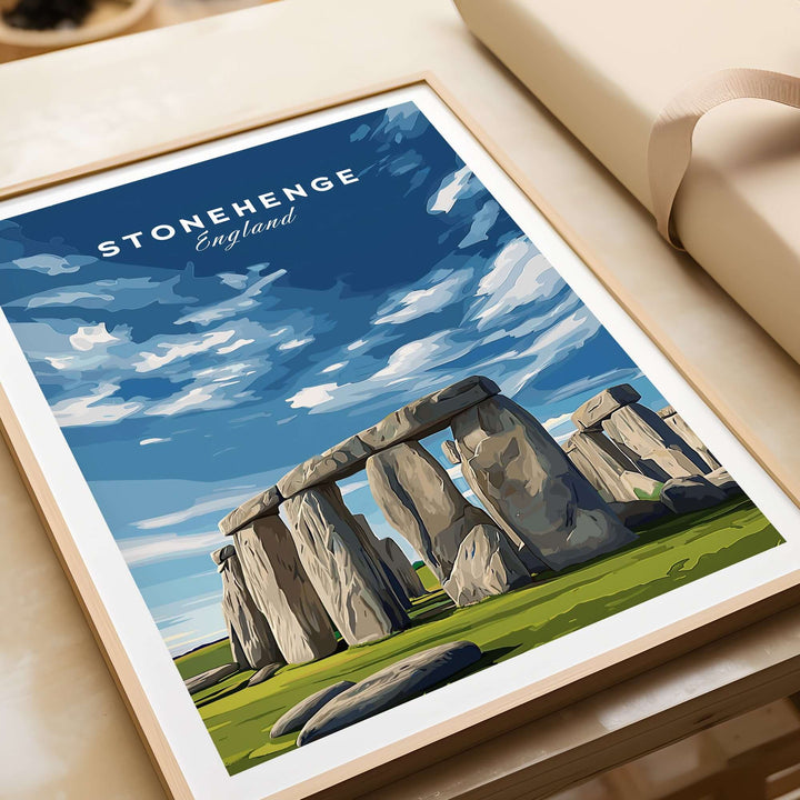 Stonehenge print wall art depicting the historic monument in Wiltshire, England, framed against a picturesque sky.