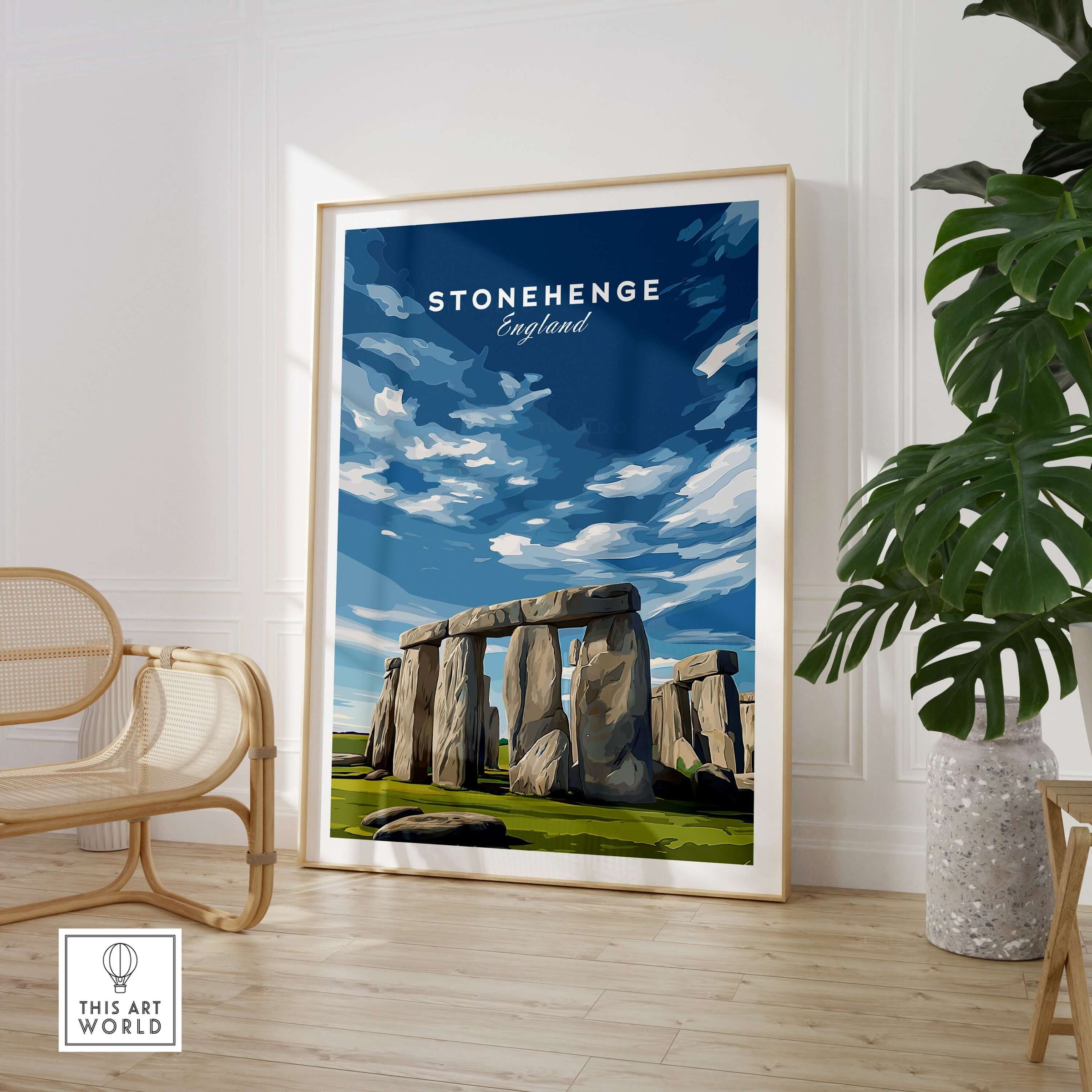 Stonehenge Print - Wiltshire England Wall Art - Historic Monument Poster in a modern interior setting.