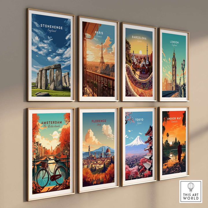 Collection of iconic city wall art prints including Stonehenge, Paris, and Tokyo, displayed in stylish frames.