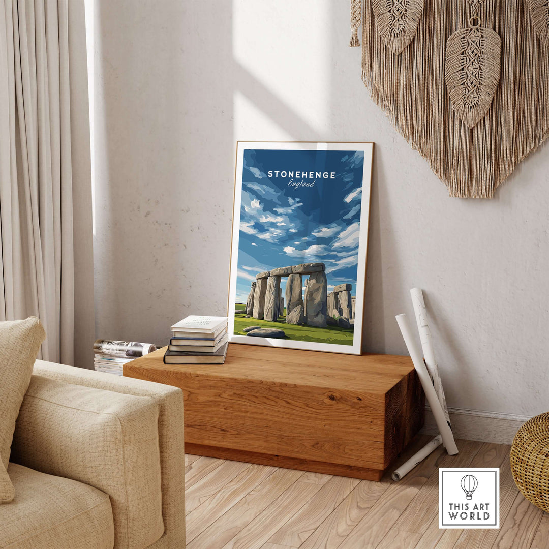 Stonehenge print poster in a modern living room showcasing Wiltshire landscape wall art.