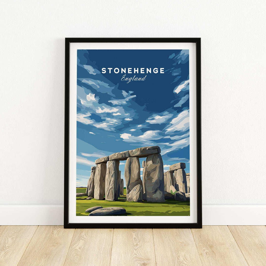 Stonehenge print showcasing the historic monument in Wiltshire, England with a scenic blue sky backdrop.
