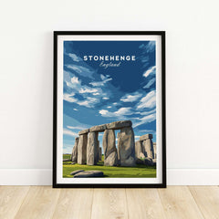 Stonehenge Print - Wiltshire England Wall Art - Historic Monument Poster featuring the iconic site against a blue sky.