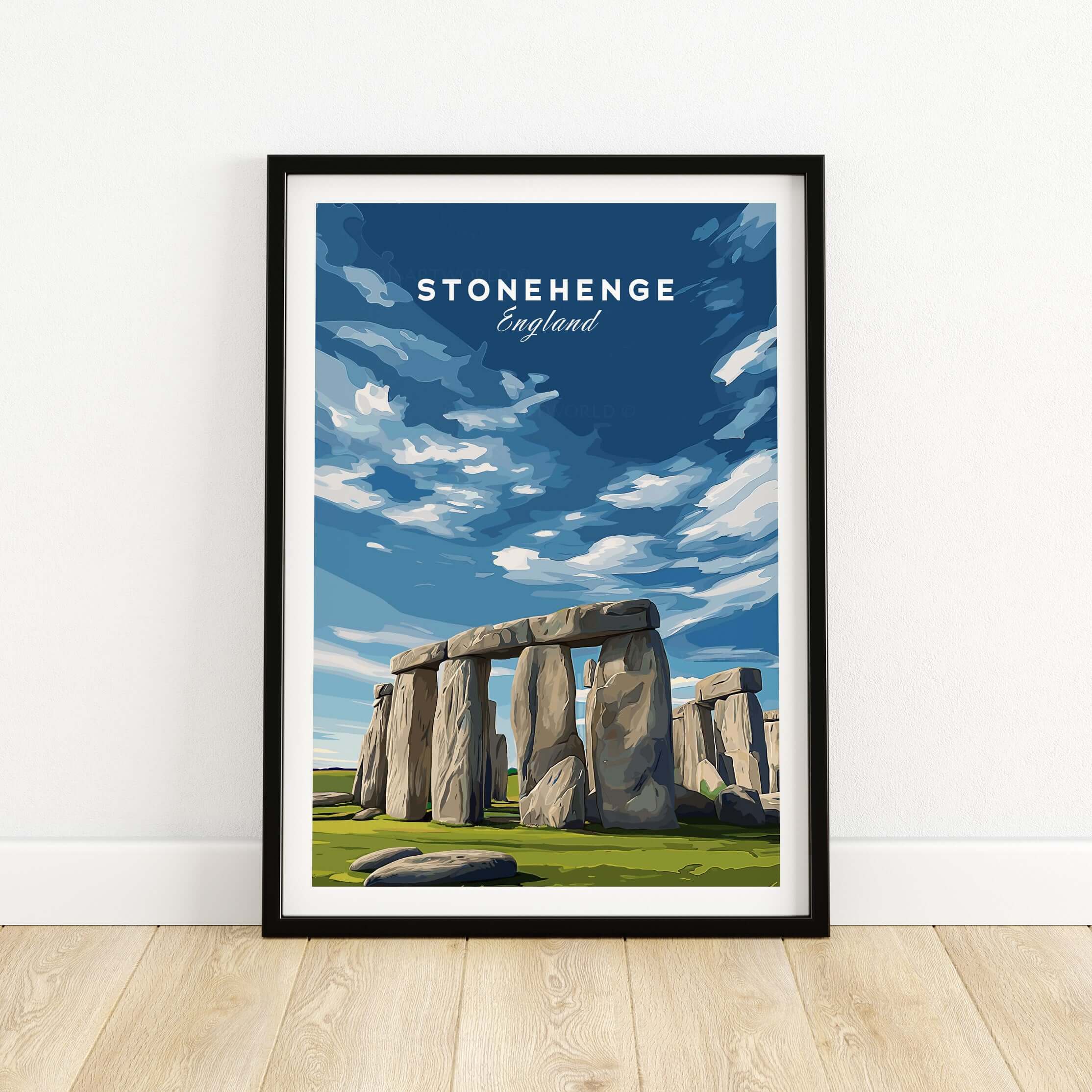 Stonehenge Print - Wiltshire England Wall Art - Historic Monument Poster featuring the iconic site against a blue sky.