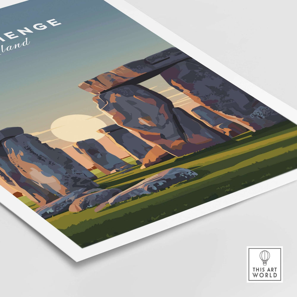 Stonehenge solstice print showcasing ancient stones and sunset, perfect for history-inspired home decor.