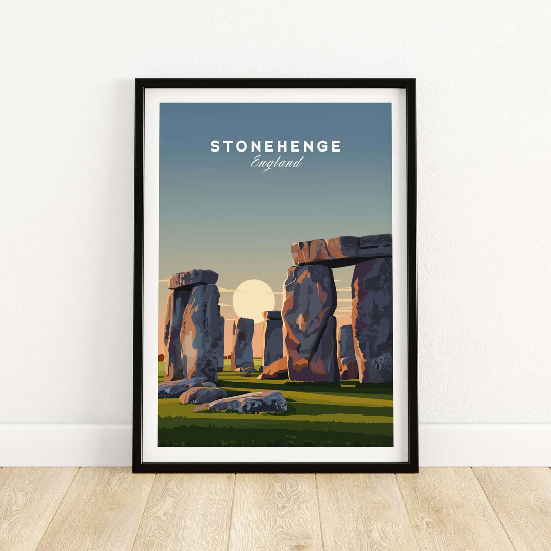 Stonehenge Solstice Print framed poster showcasing ancient history decor with sunset backdrop.