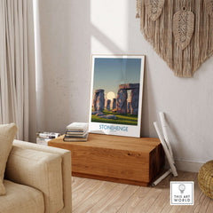 Stonehenge at Sunrise Poster - England Historic Site Wall Art - Minimalist Decor for Walls displayed in a cozy interior.