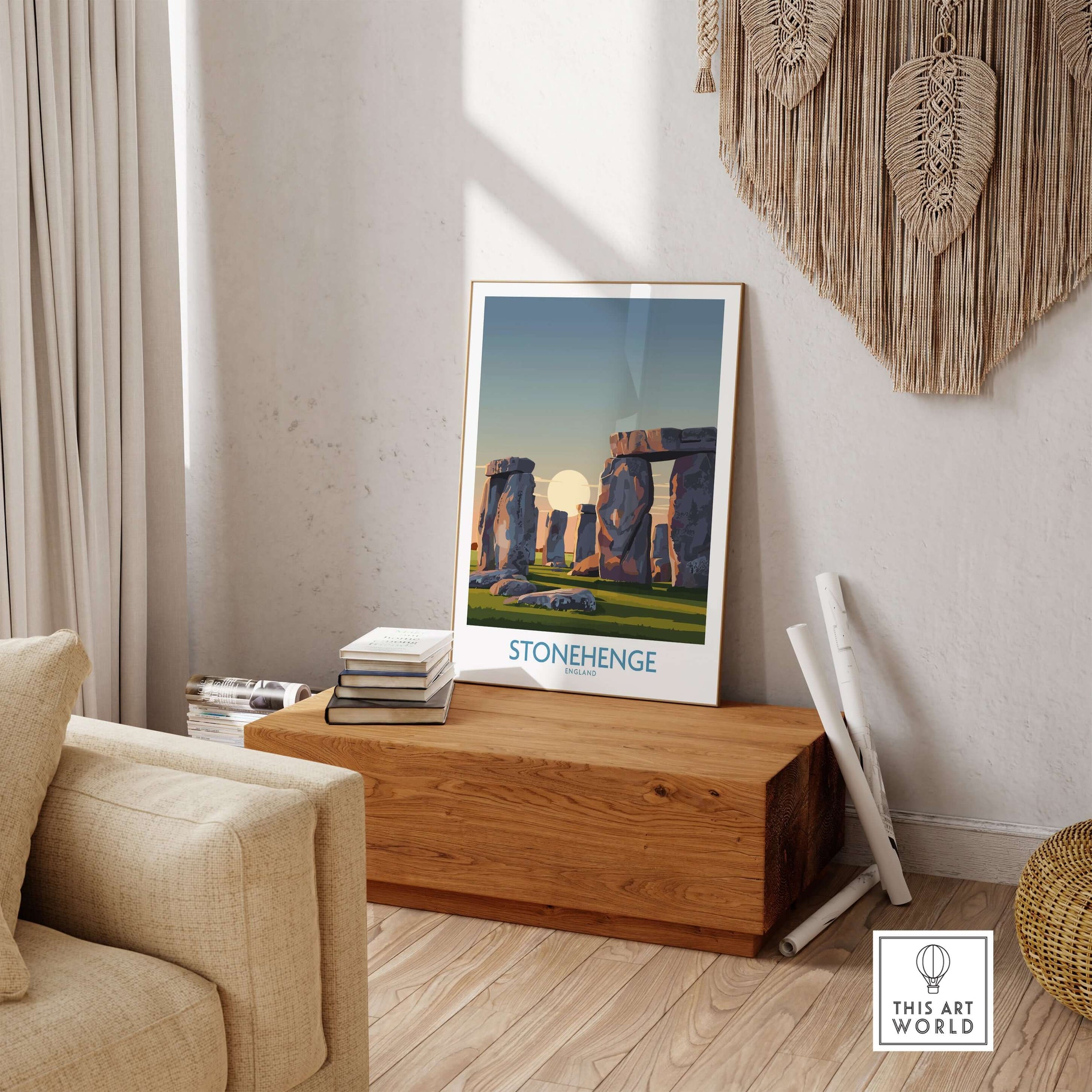 Stonehenge at Sunrise Poster - England Historic Site Wall Art - Minimalist Decor for Walls displayed in a cozy interior.