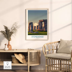 Stonehenge at Sunrise Poster - England Historic Site Wall Art - Minimalist Decor for Walls displayed in a stylish setting.