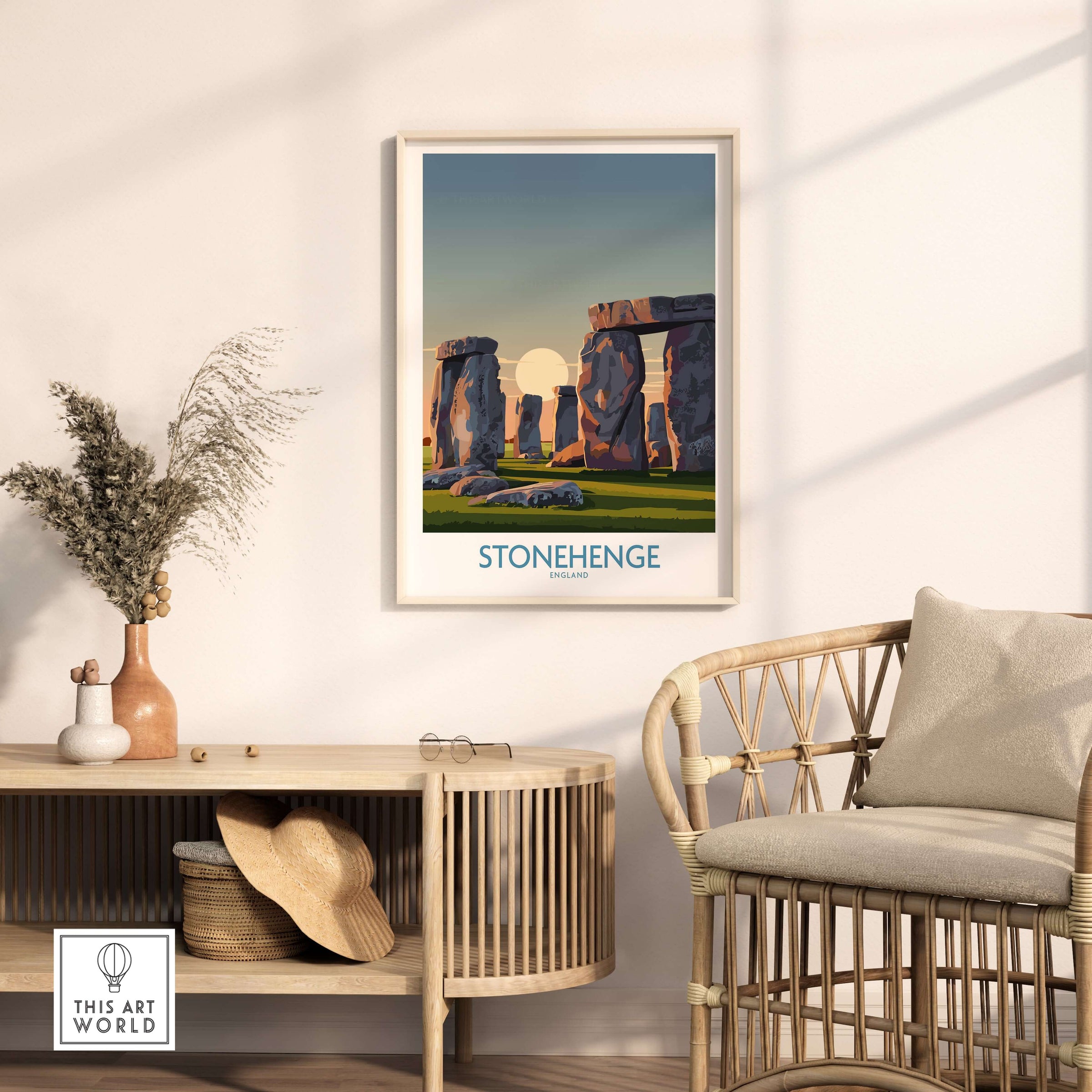 Stonehenge at Sunrise Poster - England Historic Site Wall Art - Minimalist Decor for Walls displayed in a stylish setting.