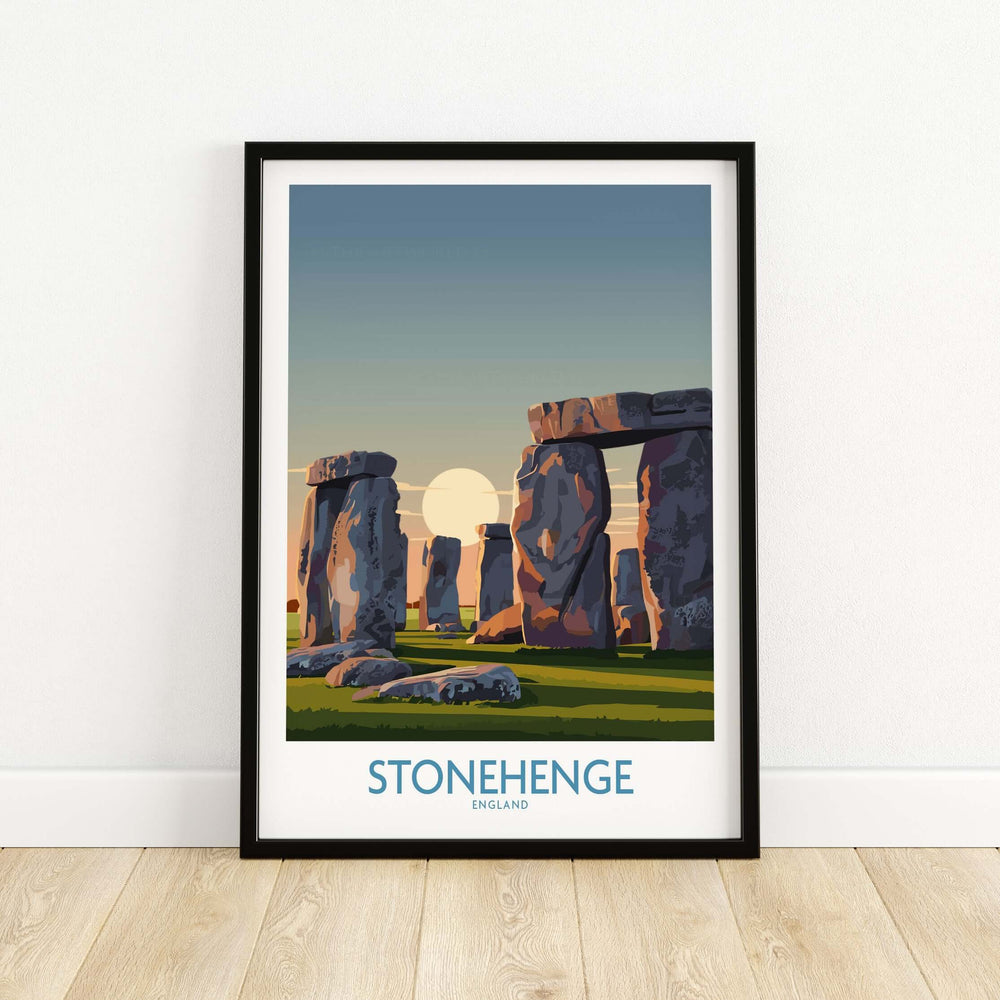 Framed Stonehenge poster at sunrise, showcasing England's historic site in minimalist design.