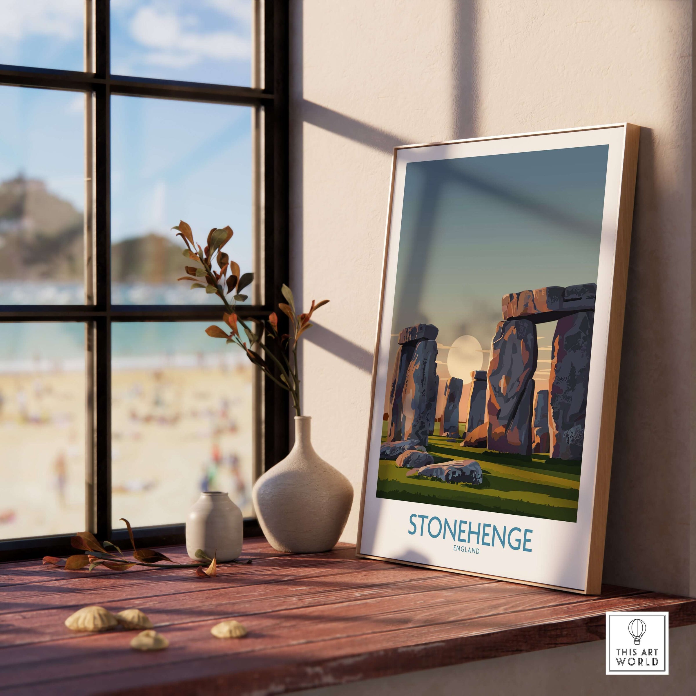Stonehenge at Sunrise Poster - England Historic Site Wall Art - Minimalist Decor for Walls displayed on a wooden table by a window.