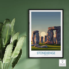Stonehenge at Sunrise Poster - England Historic Site Wall Art - Minimalist Decor for Walls on green wall.