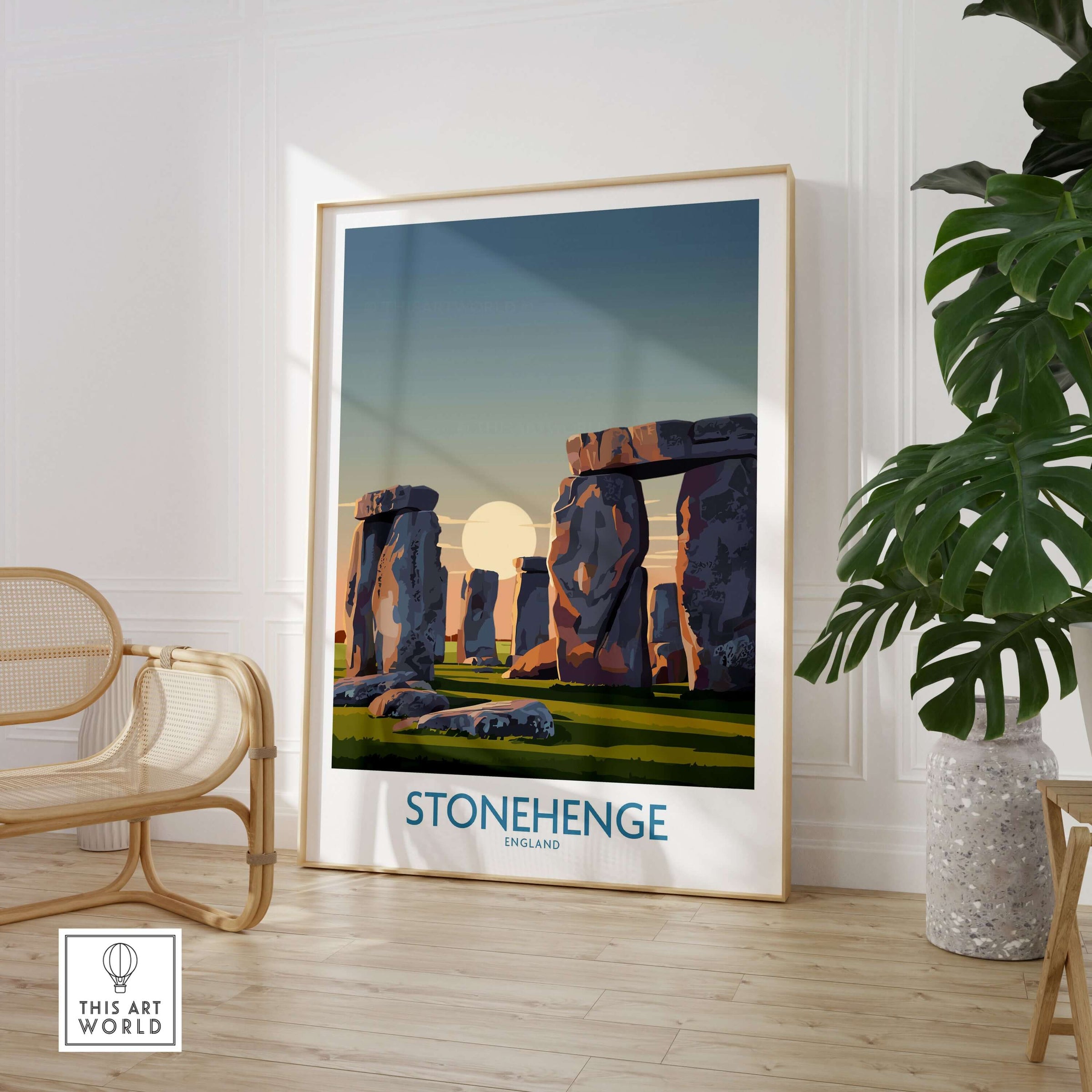 Stonehenge at Sunrise Poster - England Historic Site Wall Art - Minimalist Decor for Walls in a modern living room setting.