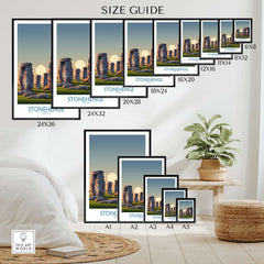 Stonehenge at Sunrise Poster - England Historic Site Wall Art - Minimalist Decor for Walls size guide display.