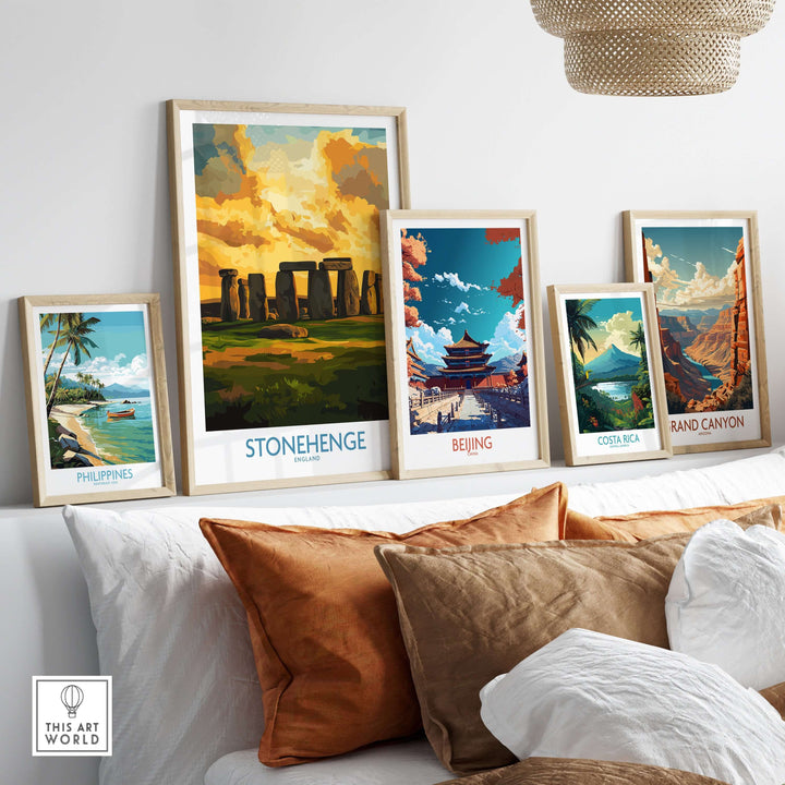 Stonehenge sunset poster among framed art prints, showcasing global landmarks and vibrant colors in a stylish interior decor.