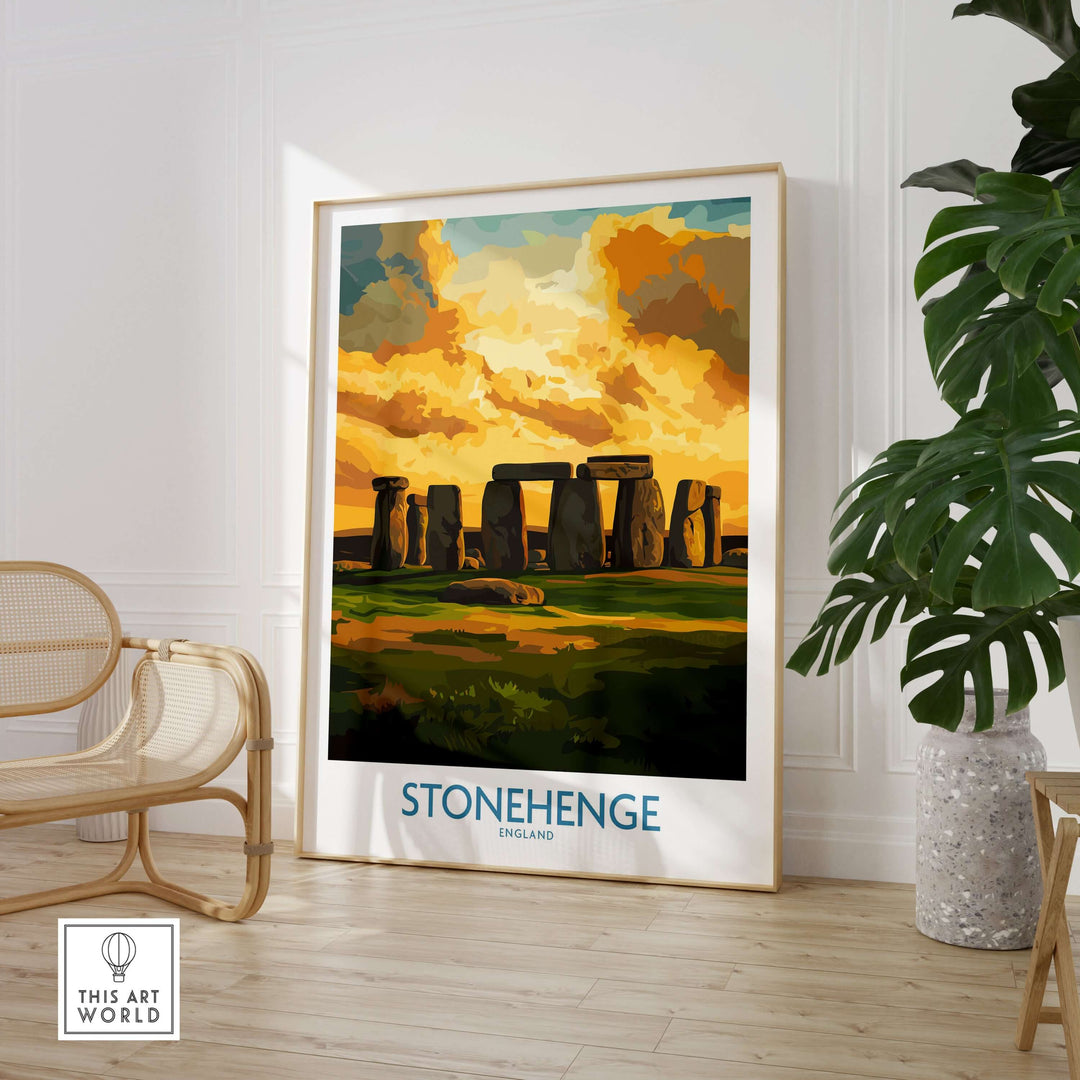 Stonehenge sunset poster print featuring the ancient monument under a golden sky, perfect wall decor for any space.