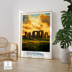Stonehenge Sunset Poster - England Ancient Monument Art Print - Golden Hour Wall Decor displayed in a modern interior setting.