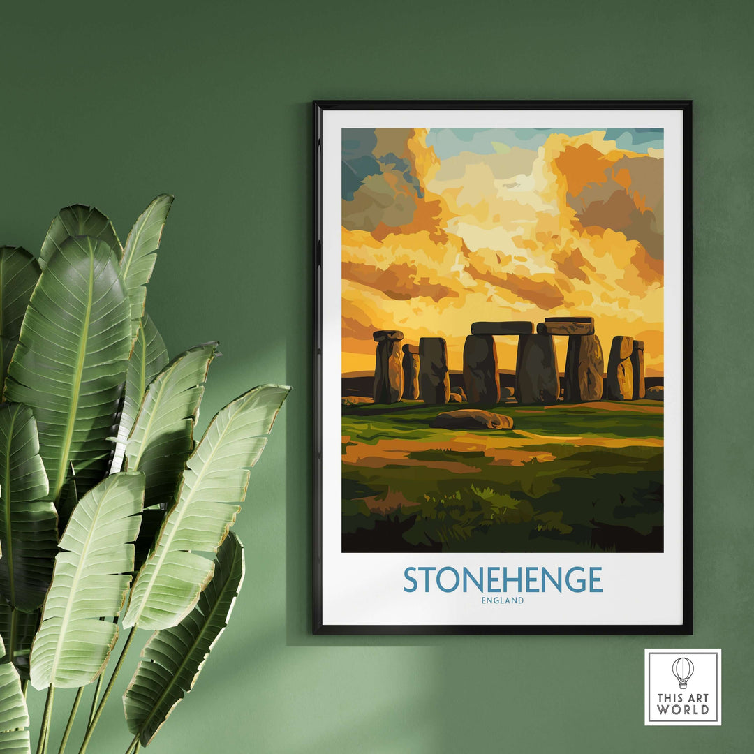 Stonehenge sunset poster art print on a green wall, featuring vibrant golden hour clouds and the ancient monument.
