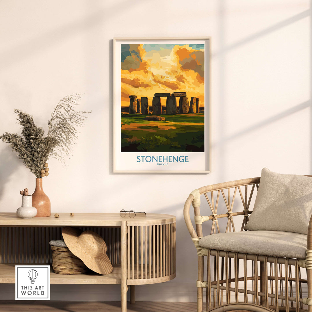 Stonehenge sunset poster art print displayed in modern living room decor with natural elements.