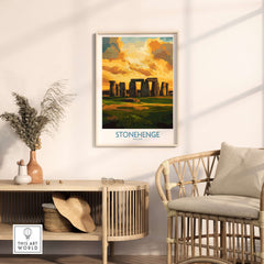 Stonehenge Sunset Poster - England Ancient Monument Art Print - Golden Hour Wall Decor displayed in a stylish interior setting.
