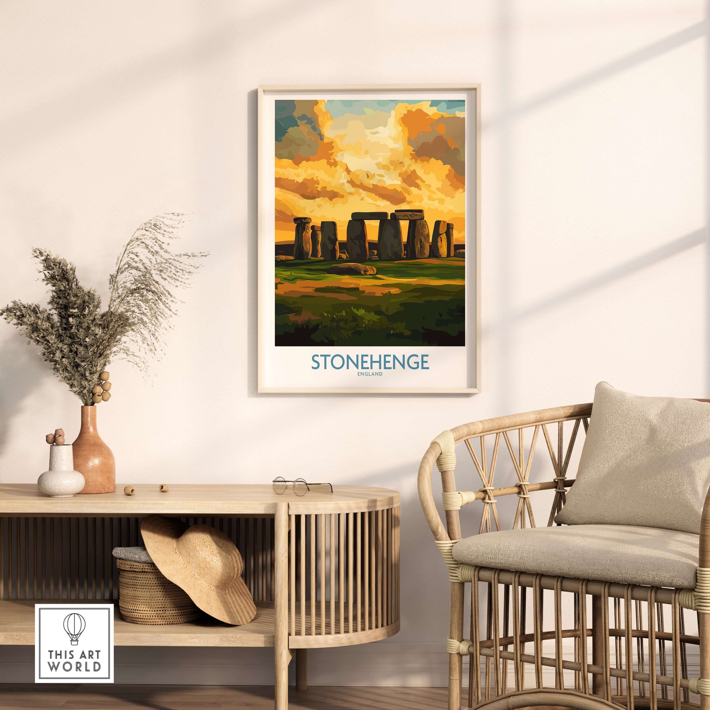 Stonehenge Sunset Poster - England Ancient Monument Art Print - Golden Hour Wall Decor displayed in a stylish interior setting.