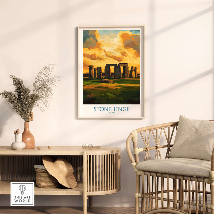 Stonehenge sunset poster art print displayed in modern living room decor with natural elements.