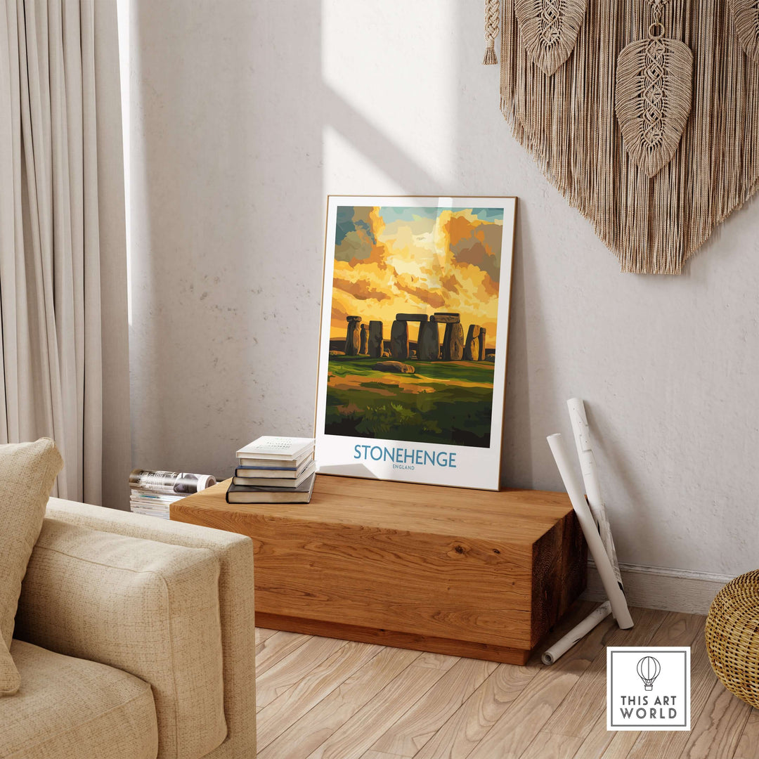Stonehenge sunset poster displayed in a cozy living room, adding a warm atmosphere and artistic charm to home decor.