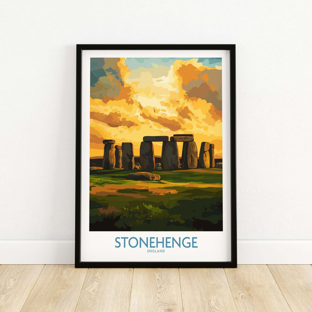 Stonehenge Sunset Poster art print showcasing England's ancient monument in golden hour lighting
