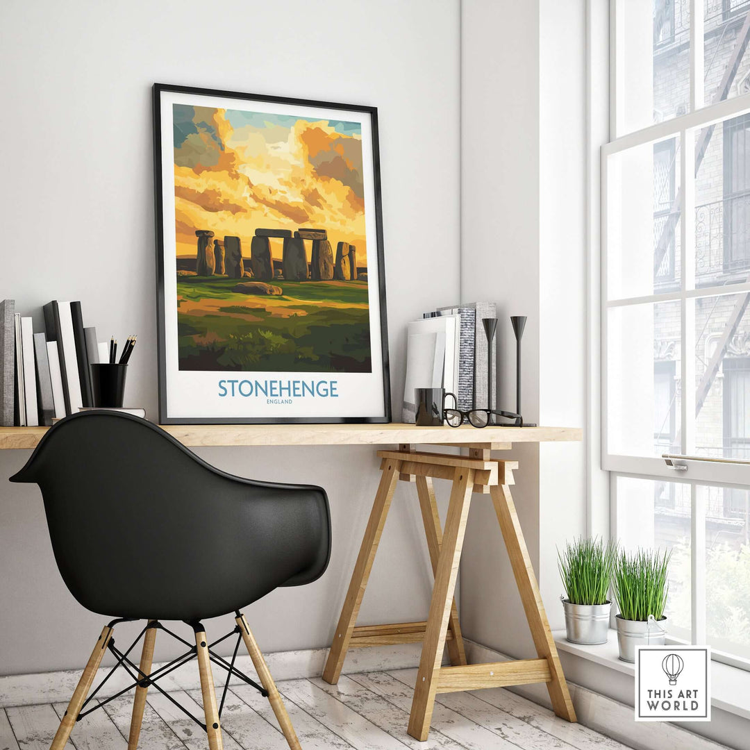 Stonehenge sunset poster in modern office decor, showcasing ancient monument art print on wall.